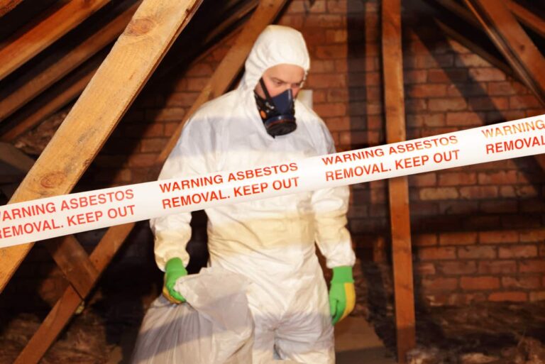 A worker wearing protective clothing while clearing the hazardous substance,asbestos,from an old attic.